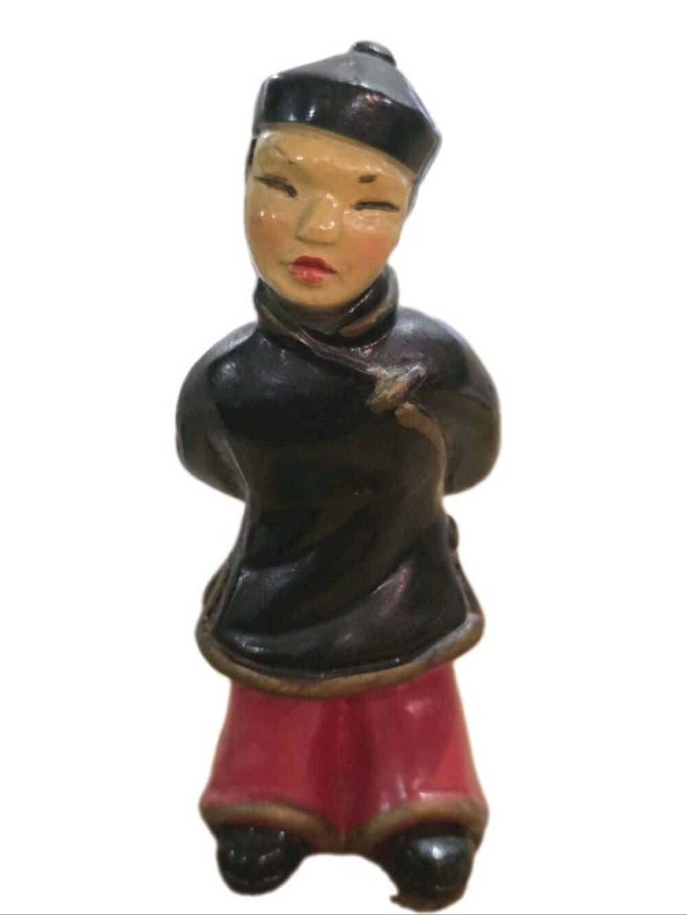Vintage Universal Statuary  Chalkware Chinese Figurine Male USA Black Red Asian